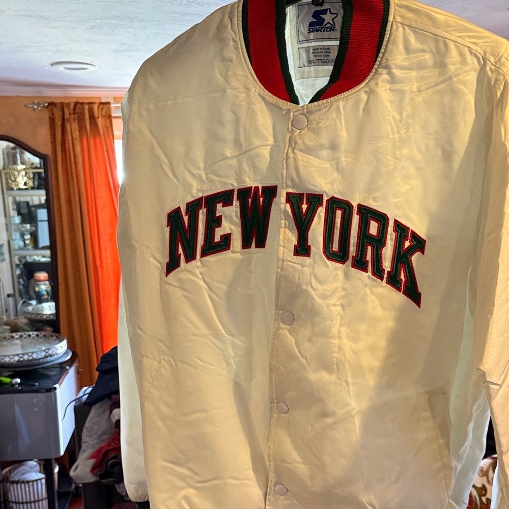 STARTER New York Satin Bomber Christmas Jacket White with Red and Green Trim